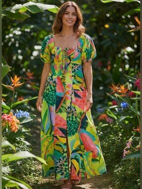 Farm Rio Printed Puff-Sleeve Dress NWT $320 size S Petite